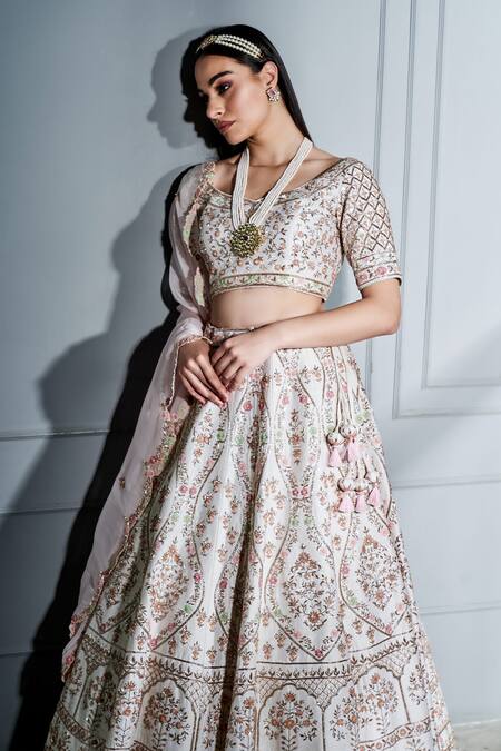 Buy Sammohi By Moksha And Hiral Ivory , Organza Embroidery Boat Neck Floral Blouse Bridal Lehenga Set Online at Aza Fashions Buy_Sammohi By Moksha And Hiral_Ivory , Organza Embroidery Boat Neck Floral Blouse Bridal Lehenga Set _Online_at_Aza_Fashions