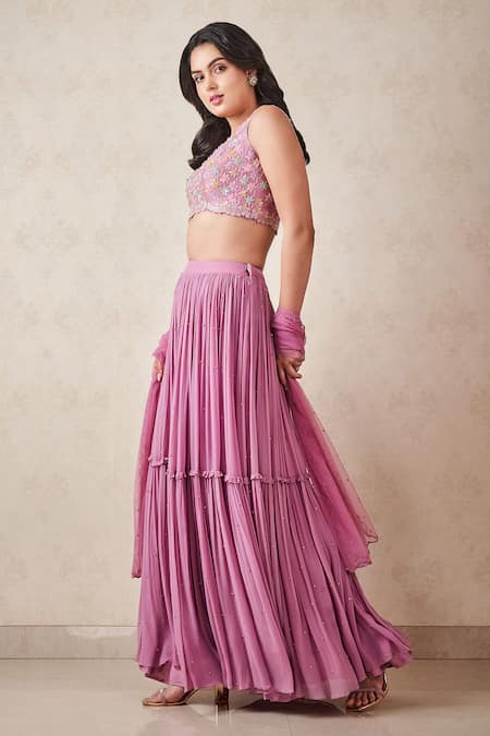 Shop_Sammohi By Moksha And Hiral_Purple Silk, Georgette, Tulle Sequins, Embroidery Round Work Tiered Lehenga Set _at_Aza_Fashions