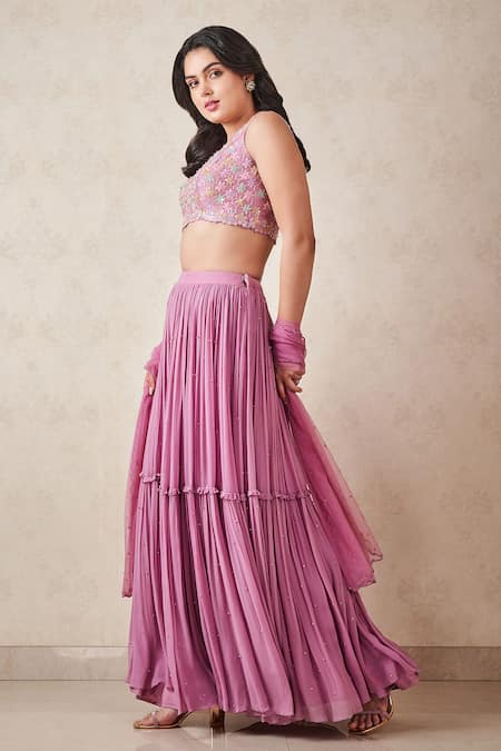 Sammohi By Moksha And Hiral_Purple Silk, Georgette, Tulle Sequins, Embroidery Round Work Tiered Lehenga Set _Online_at_Aza_Fashions