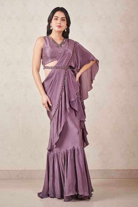 Sammohi By Moksha And Hiral Grey Denim, Crepe, Silk Crystals Pre-draped Ruffle Saree With Embroidered Blouse Online at Aza Fashions Sammohi By Moksha And Hiral_Grey Denim, Crepe, Silk Crystals Pre-draped Ruffle Saree With Embroidered Blouse _Online_at_Aza_Fashions