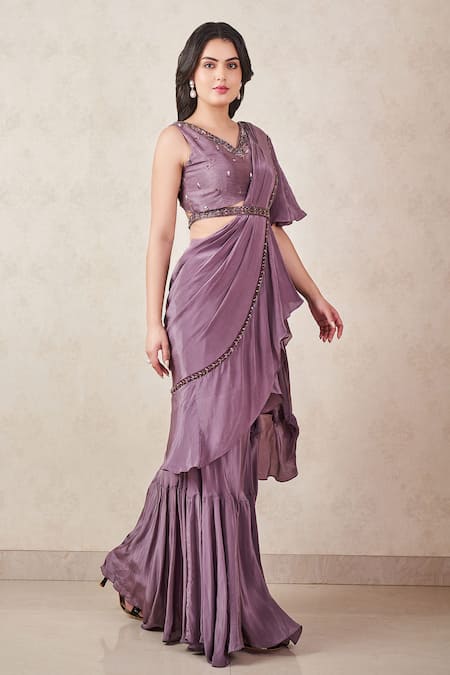 Buy Sammohi By Moksha And Hiral Grey Denim, Crepe, Silk Crystals Pre-draped Ruffle Saree With Embroidered Blouse Online at Aza Fashions Buy_Sammohi By Moksha And Hiral_Grey Denim, Crepe, Silk Crystals Pre-draped Ruffle Saree With Embroidered Blouse _Online_at_Aza_Fashions