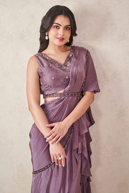 Shop Sammohi By Moksha And Hiral Grey Denim, Crepe, Silk Crystals Pre-draped Ruffle Saree With Embroidered Blouse Online at Aza Fashions Shop_Sammohi By Moksha And Hiral_Grey Denim, Crepe, Silk Crystals Pre-draped Ruffle Saree With Embroidered Blouse _Online_at_Aza_Fashions