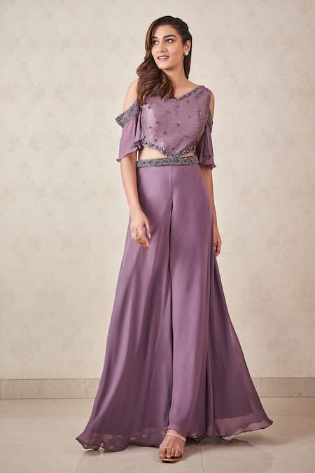 Sammohi By Moksha And Hiral_Grey Georgette, Silk Sequins, Beads V-neck Hand Embroidered Jumpsuit _Online_at_Aza_Fashions