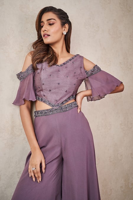 Buy_Sammohi By Moksha And Hiral_Grey Georgette, Silk Sequins, Beads V-neck Hand Embroidered Jumpsuit _Online_at_Aza_Fashions