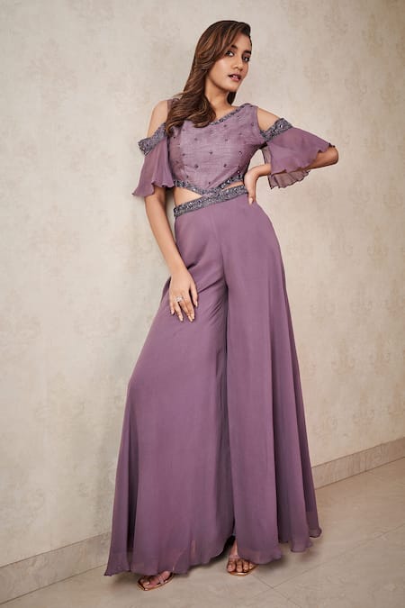 Shop_Sammohi By Moksha And Hiral_Grey Georgette, Silk Sequins, Beads V-neck Hand Embroidered Jumpsuit _Online_at_Aza_Fashions