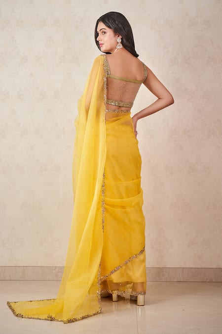 Shop Sammohi By Moksha And Hiral Yellow Organza, Sequins, Beads Border Embroidered Saree With Blouse at Aza Fashions Shop_Sammohi By Moksha And Hiral_Yellow Organza, Sequins, Beads Border Embroidered Saree With Blouse _at_Aza_Fashions