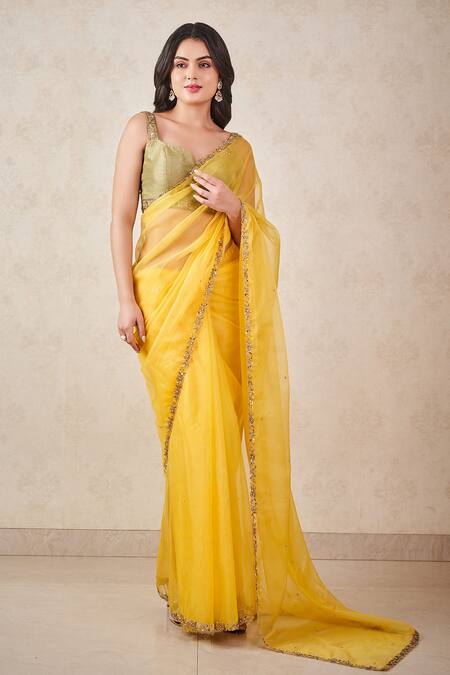 Sammohi By Moksha And Hiral Yellow Organza, Sequins, Beads Border Embroidered Saree With Blouse Online at Aza Fashions Sammohi By Moksha And Hiral_Yellow Organza, Sequins, Beads Border Embroidered Saree With Blouse _Online_at_Aza_Fashions
