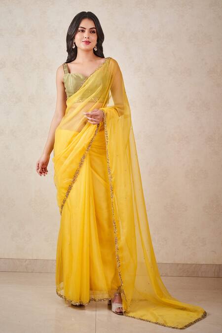 Buy Sammohi By Moksha And Hiral Yellow Organza, Sequins, Beads Border Embroidered Saree With Blouse Online at Aza Fashions Buy_Sammohi By Moksha And Hiral_Yellow Organza, Sequins, Beads Border Embroidered Saree With Blouse _Online_at_Aza_Fashions