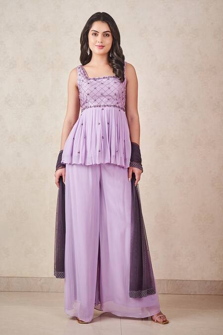 SAMMOHI BY MOKSHA AND HIRAL Lavender Hand Embroidered Peplum Set 