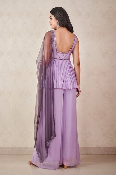 Shop Sammohi By Moksha And Hiral Purple Silk, Georgette, Tulle Sequins, Lavender Hand Embroidered Peplum Set at Aza Fashions Shop_Sammohi By Moksha And Hiral_Purple Silk, Georgette, Tulle Sequins, Lavender Hand Embroidered Peplum Set _at_Aza_Fashions