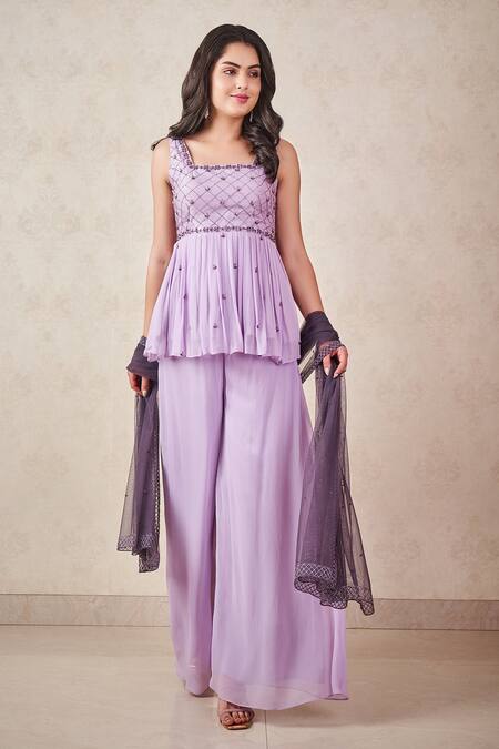 Sammohi By Moksha And Hiral Purple Silk, Georgette, Tulle Sequins, Lavender Hand Embroidered Peplum Set Online at Aza Fashions Sammohi By Moksha And Hiral_Purple Silk, Georgette, Tulle Sequins, Lavender Hand Embroidered Peplum Set _Online_at_Aza_Fashions