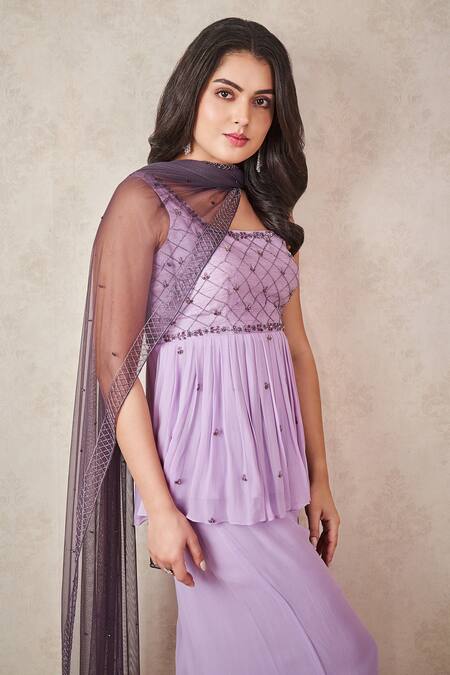 Buy Sammohi By Moksha And Hiral Purple Silk, Georgette, Tulle Sequins, Lavender Hand Embroidered Peplum Set Online at Aza Fashions Buy_Sammohi By Moksha And Hiral_Purple Silk, Georgette, Tulle Sequins, Lavender Hand Embroidered Peplum Set _Online_at_Aza_Fashions