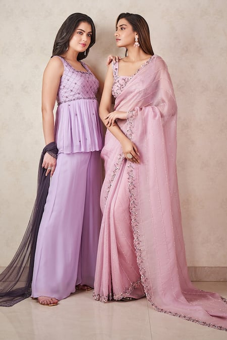 Sammohi By Moksha And Hiral Purple Organza, Crystals Square Neck Border Work Saree With Blouse Online at Aza Fashions Sammohi By Moksha And Hiral_Purple Organza, Crystals Square Neck Border Work Saree With Blouse _Online_at_Aza_Fashions