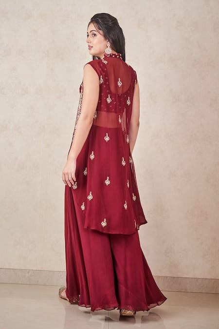 Shop Sammohi By Moksha And Hiral Maroon Silk, Georgette Sequins, Beads Round Hand Embroidered Jacket Palazzo Set at Aza Fashions Shop_Sammohi By Moksha And Hiral_Maroon Silk, Georgette Sequins, Beads Round Hand Embroidered Jacket Palazzo Set _at_Aza_Fashions