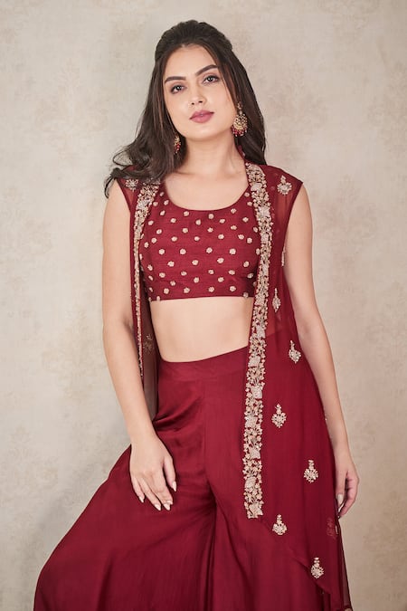 Buy Sammohi By Moksha And Hiral Maroon Silk, Georgette Sequins, Beads Round Hand Embroidered Jacket Palazzo Set Online at Aza Fashions Buy_Sammohi By Moksha And Hiral_Maroon Silk, Georgette Sequins, Beads Round Hand Embroidered Jacket Palazzo Set _Online_at_Aza_Fashions