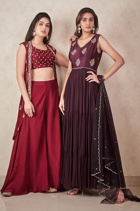 Shop Sammohi By Moksha And Hiral Maroon Silk, Georgette Sequins, Beads Round Hand Embroidered Jacket Palazzo Set Online at Aza Fashions Shop_Sammohi By Moksha And Hiral_Maroon Silk, Georgette Sequins, Beads Round Hand Embroidered Jacket Palazzo Set _Online_at_Aza_Fashions