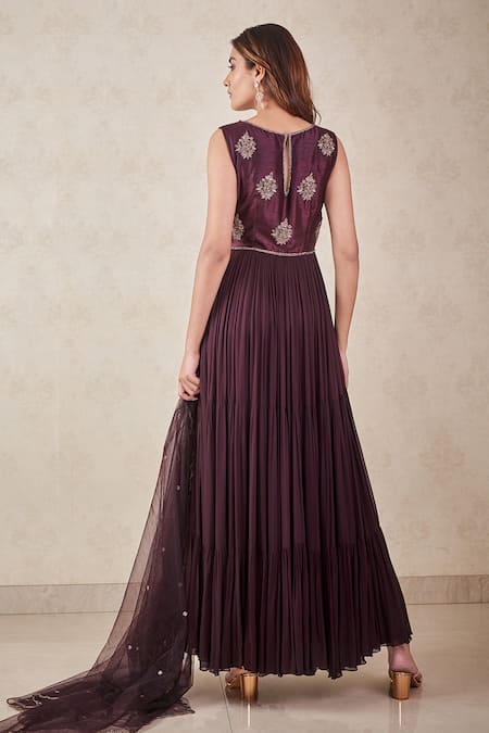 Shop Sammohi By Moksha And Hiral Wine Georgette, Silk, Tulle Sequins, Beads Embroidered Anarkali With Dupatta at Aza Fashions Shop_Sammohi By Moksha And Hiral_Wine Georgette, Silk, Tulle Sequins, Beads Embroidered Anarkali With Dupatta _at_Aza_Fashions