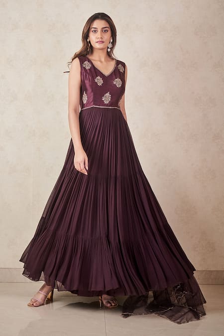 Sammohi By Moksha And Hiral Wine Georgette, Silk, Tulle Sequins, Beads Embroidered Anarkali With Dupatta Online at Aza Fashions Sammohi By Moksha And Hiral_Wine Georgette, Silk, Tulle Sequins, Beads Embroidered Anarkali With Dupatta _Online_at_Aza_Fashions