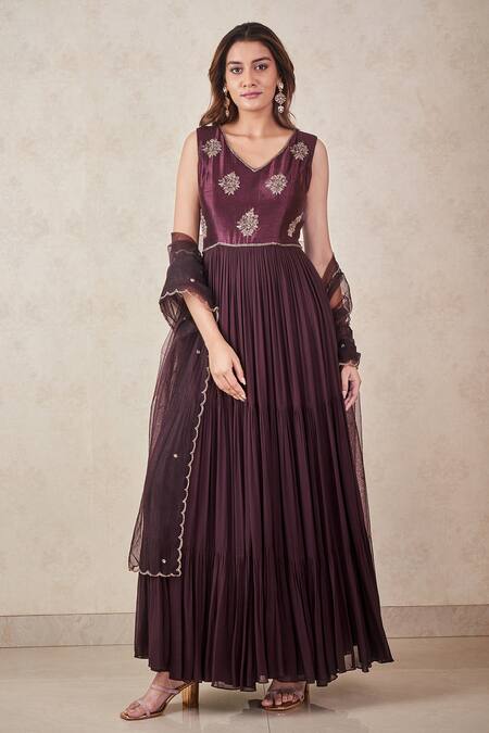Buy Sammohi By Moksha And Hiral Wine Georgette, Silk, Tulle Sequins, Beads Embroidered Anarkali With Dupatta Online at Aza Fashions Buy_Sammohi By Moksha And Hiral_Wine Georgette, Silk, Tulle Sequins, Beads Embroidered Anarkali With Dupatta _Online_at_Aza_Fashions