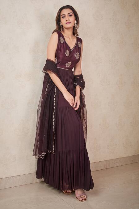 Shop Sammohi By Moksha And Hiral Wine Georgette, Silk, Tulle Sequins, Beads Embroidered Anarkali With Dupatta Online at Aza Fashions Shop_Sammohi By Moksha And Hiral_Wine Georgette, Silk, Tulle Sequins, Beads Embroidered Anarkali With Dupatta _Online_at_Aza_Fashions