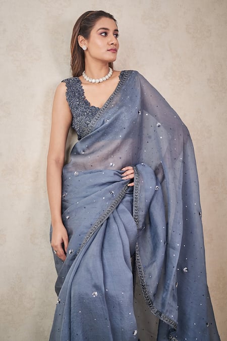 Sammohi By Moksha And Hiral_Grey Tulle, Silk Organza Sequins, Beads Round Neck Embroidered Saree With Blouse _Online_at_Aza_Fashions