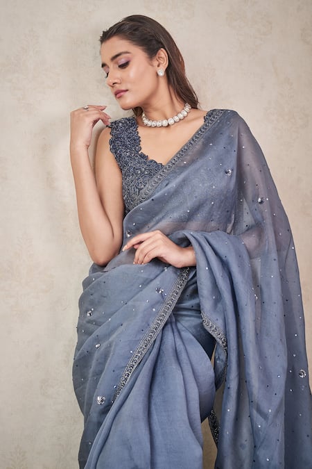 Buy_Sammohi By Moksha And Hiral_Grey Tulle, Silk Organza Sequins, Beads Round Neck Embroidered Saree With Blouse _Online_at_Aza_Fashions