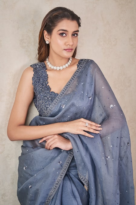 Shop_Sammohi By Moksha And Hiral_Grey Tulle, Silk Organza Sequins, Beads Round Neck Embroidered Saree With Blouse _Online_at_Aza_Fashions