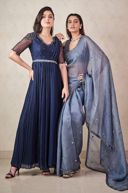 Sammohi By Moksha And Hiral_Grey Tulle, Silk Organza Sequins, Beads Round Neck Embroidered Saree With Blouse _at_Aza_Fashions