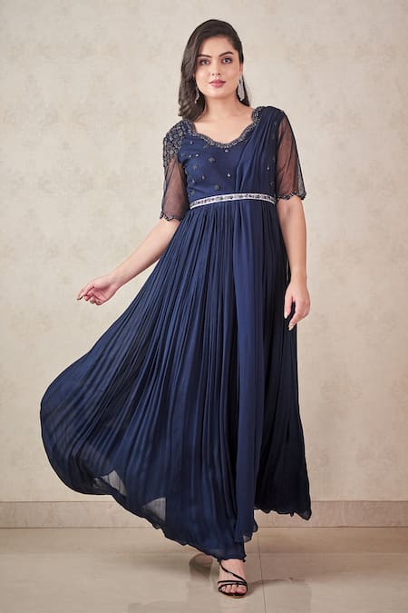Sammohi By Moksha And Hiral Blue Chiffon Crystals, Embroidery Round Neck Hand Anarkali With Dupatta Online at Aza Fashions Sammohi By Moksha And Hiral_Blue Chiffon Crystals, Embroidery Round Neck Hand Anarkali With Dupatta _Online_at_Aza_Fashions