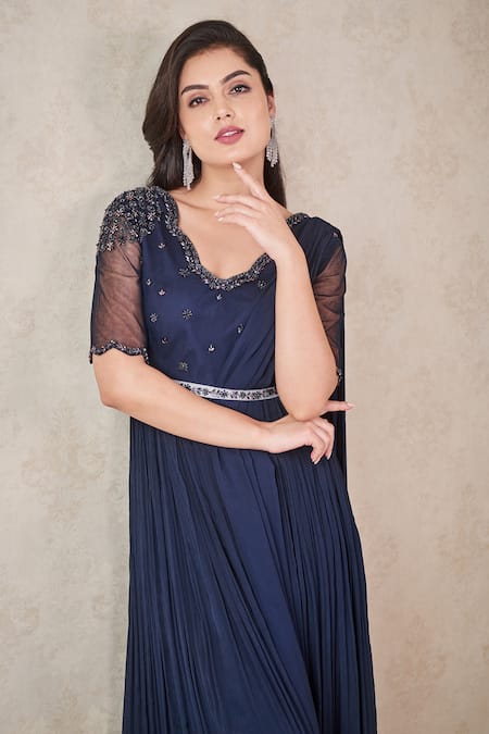 Buy Sammohi By Moksha And Hiral Blue Chiffon Crystals, Embroidery Round Neck Hand Anarkali With Dupatta Online at Aza Fashions Buy_Sammohi By Moksha And Hiral_Blue Chiffon Crystals, Embroidery Round Neck Hand Anarkali With Dupatta _Online_at_Aza_Fashions