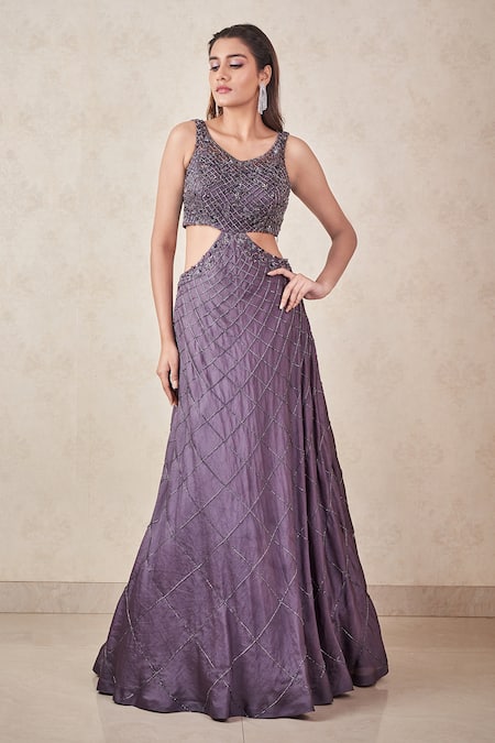 SAMMOHI BY MOKSHA AND HIRAL Grey Silk Organza Hand Embroidered Crystals Round Gown 