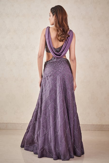 Shop Sammohi By Moksha And Hiral Grey Silk Organza Crystals Round Neck Hand Embroidered Gown at Aza Fashions Shop_Sammohi By Moksha And Hiral_Grey Silk Organza Crystals Round Neck Hand Embroidered Gown _at_Aza_Fashions