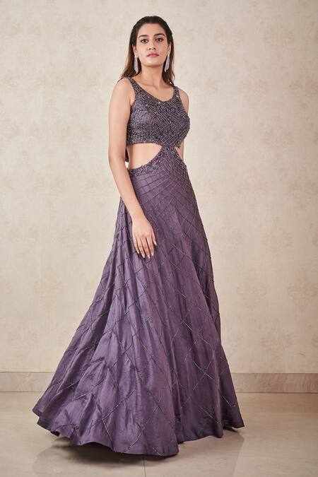 Sammohi By Moksha And Hiral Grey Silk Organza Crystals Round Neck Hand Embroidered Gown Online at Aza Fashions Sammohi By Moksha And Hiral_Grey Silk Organza Crystals Round Neck Hand Embroidered Gown _Online_at_Aza_Fashions