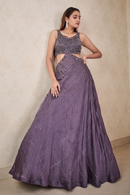 Buy Sammohi By Moksha And Hiral Grey Silk Organza Crystals Round Neck Hand Embroidered Gown Online at Aza Fashions Buy_Sammohi By Moksha And Hiral_Grey Silk Organza Crystals Round Neck Hand Embroidered Gown _Online_at_Aza_Fashions