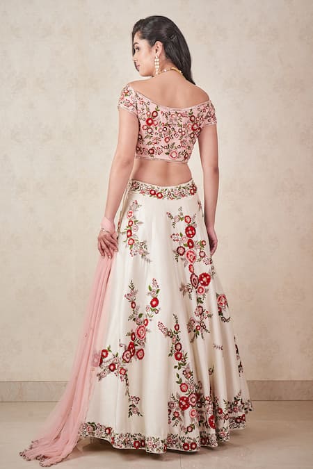 Shop Sammohi By Moksha And Hiral Ivory Silk, Tulle Embroidery One Shoulder Thread Hand Lehenga Set at Aza Fashions Shop_Sammohi By Moksha And Hiral_Ivory Silk, Tulle Embroidery One Shoulder Thread Hand Lehenga Set _at_Aza_Fashions