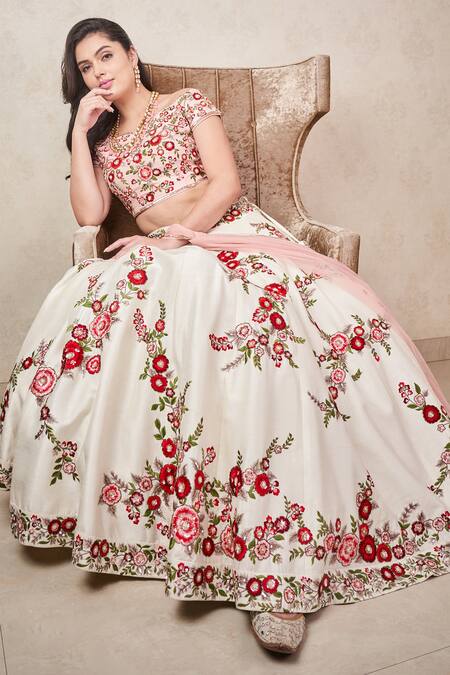 Sammohi By Moksha And Hiral Ivory Silk, Tulle Embroidery One Shoulder Thread Hand Lehenga Set Online at Aza Fashions Sammohi By Moksha And Hiral_Ivory Silk, Tulle Embroidery One Shoulder Thread Hand Lehenga Set _Online_at_Aza_Fashions