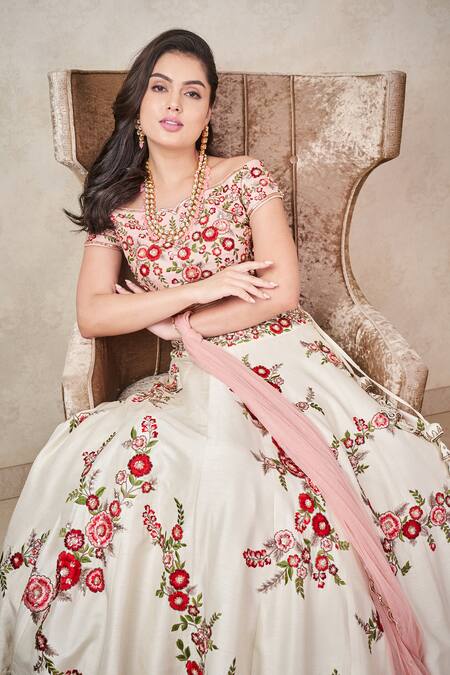 Buy Sammohi By Moksha And Hiral Ivory Silk, Tulle Embroidery One Shoulder Thread Hand Lehenga Set Online at Aza Fashions Buy_Sammohi By Moksha And Hiral_Ivory Silk, Tulle Embroidery One Shoulder Thread Hand Lehenga Set _Online_at_Aza_Fashions