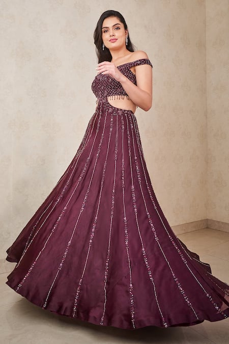 Shop Sammohi By Moksha And Hiral Wine Silk Organza Sequins, Beads One Shoulder Hand Embroidered Gown at Aza Fashions Shop_Sammohi By Moksha And Hiral_Wine Silk Organza Sequins, Beads One Shoulder Hand Embroidered Gown _at_Aza_Fashions