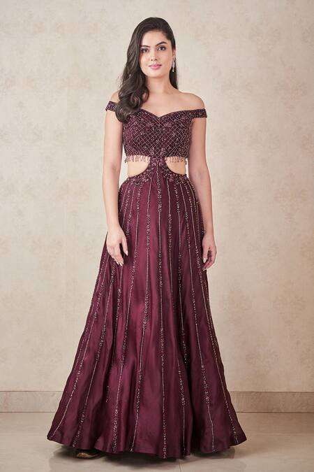 Sammohi By Moksha And Hiral Wine Silk Organza Sequins, Beads One Shoulder Hand Embroidered Gown Online at Aza Fashions Sammohi By Moksha And Hiral_Wine Silk Organza Sequins, Beads One Shoulder Hand Embroidered Gown _Online_at_Aza_Fashions