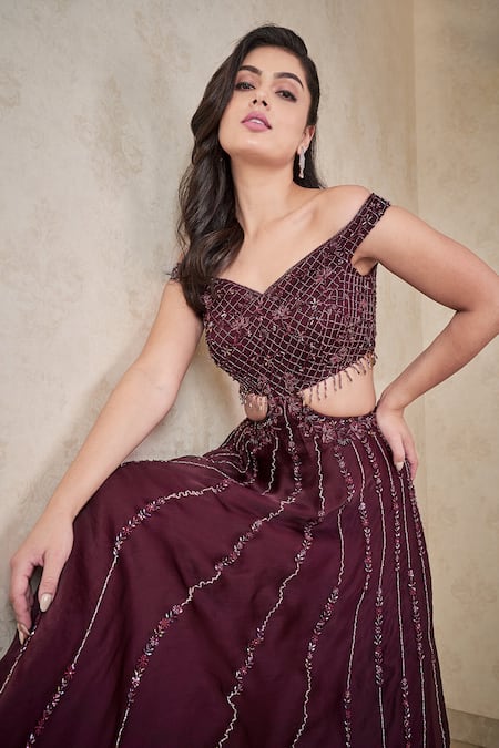 Sammohi By Moksha And Hiral Wine Silk Organza Sequins, Beads One Shoulder Hand Embroidered Gown at Aza Fashions Sammohi By Moksha And Hiral_Wine Silk Organza Sequins, Beads One Shoulder Hand Embroidered Gown _at_Aza_Fashions