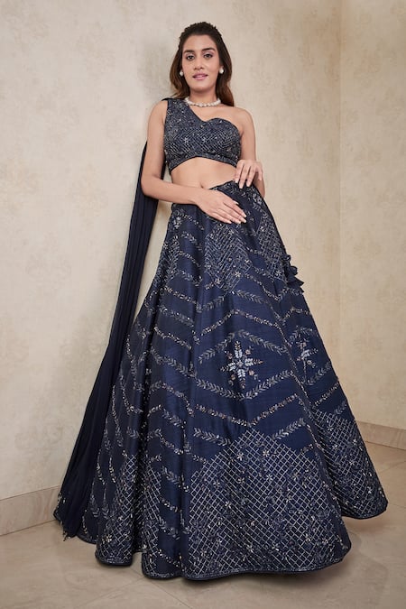 Sammohi By Moksha And Hiral Blue Silk, Georgette Crystals One Shoulder Hand Embroidered Blouse And Lehenga Set 
