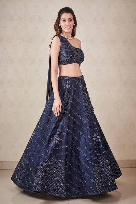 Sammohi By Moksha And Hiral Blue Silk, Georgette Crystals One Shoulder Hand Embroidered Blouse And Lehenga Set Online at Aza Fashions Sammohi By Moksha And Hiral_Blue Silk, Georgette Crystals One Shoulder Hand Embroidered Blouse And Lehenga Set _Online_at_Aza_Fashions