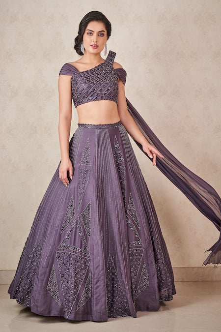 SAMMOHI BY MOKSHA AND HIRAL Grey Silk Organza Hand Embroidered Crystals Blouse And Lehenga Set 