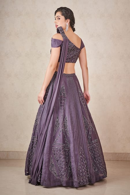 Shop Sammohi By Moksha And Hiral Grey Silk Organza Crystals Asymmetric Embroidered Blouse And Lehenga Set at Aza Fashions Shop_Sammohi By Moksha And Hiral_Grey Silk Organza Crystals Asymmetric Embroidered Blouse And Lehenga Set _at_Aza_Fashions