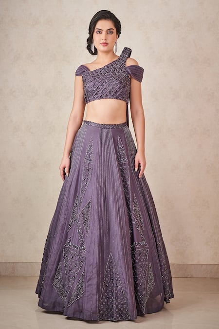 Sammohi By Moksha And Hiral Grey Silk Organza Crystals Asymmetric Embroidered Blouse And Lehenga Set Online at Aza Fashions Sammohi By Moksha And Hiral_Grey Silk Organza Crystals Asymmetric Embroidered Blouse And Lehenga Set _Online_at_Aza_Fashions