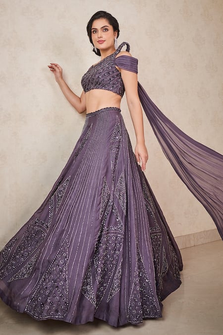 Shop Sammohi By Moksha And Hiral Grey Silk Organza Crystals Asymmetric Embroidered Blouse And Lehenga Set Online at Aza Fashions Shop_Sammohi By Moksha And Hiral_Grey Silk Organza Crystals Asymmetric Embroidered Blouse And Lehenga Set _Online_at_Aza_Fashions