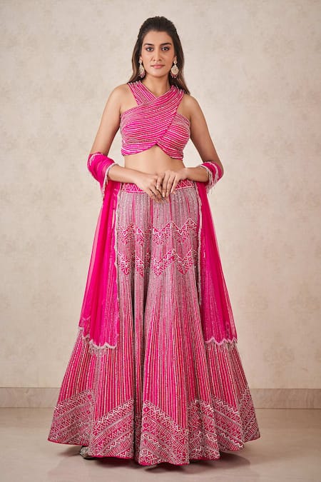 SAMMOHI BY MOKSHA AND HIRAL Pink Dupion Silk Hand Embroidered Sequins Halter Lehenga Set 