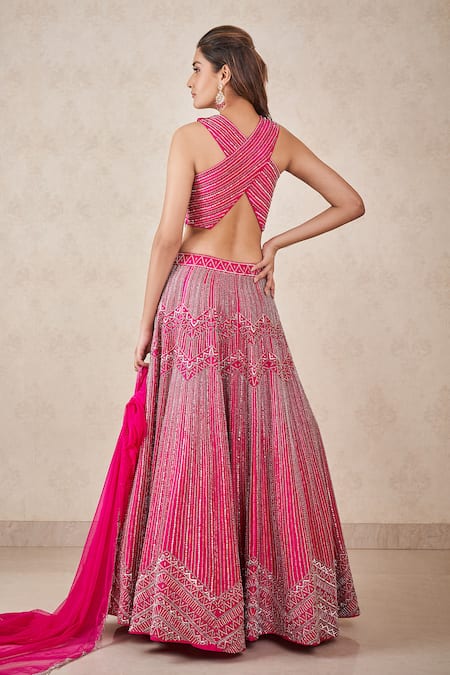 Shop Sammohi By Moksha And Hiral Pink Denim, Silk, Tulle Sequins, Beads Halter Neck Hand Embroidered Lehenga Set at Aza Fashions Shop_Sammohi By Moksha And Hiral_Pink Denim, Silk, Tulle Sequins, Beads Halter Neck Hand Embroidered Lehenga Set _at_Aza_Fashions