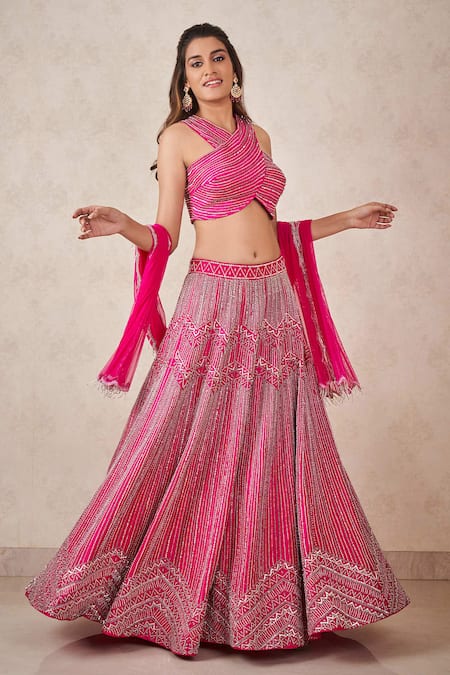 Sammohi By Moksha And Hiral Pink Denim, Silk, Tulle Sequins, Beads Halter Neck Hand Embroidered Lehenga Set Online at Aza Fashions Sammohi By Moksha And Hiral_Pink Denim, Silk, Tulle Sequins, Beads Halter Neck Hand Embroidered Lehenga Set _Online_at_Aza_Fashions