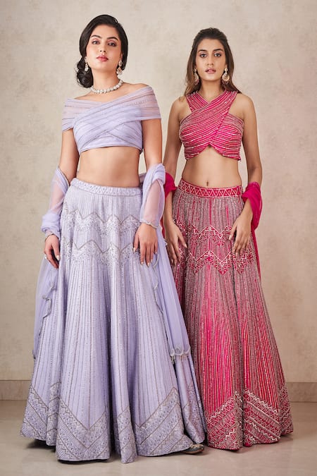 Sammohi By Moksha And Hiral_Purple Silk, Tulle Sequins, Beads Hand Embroidered Blouse Lehenga Set _Online_at_Aza_Fashions
